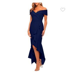 NEW XSCAPE Ballgown Navy Blue Assymetric Hem Crepe Formal Off Shoulder Size 6P